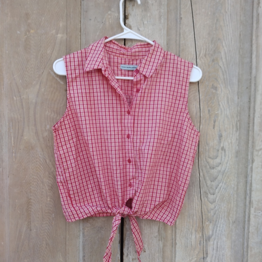 Red Plaid Tie Front Top